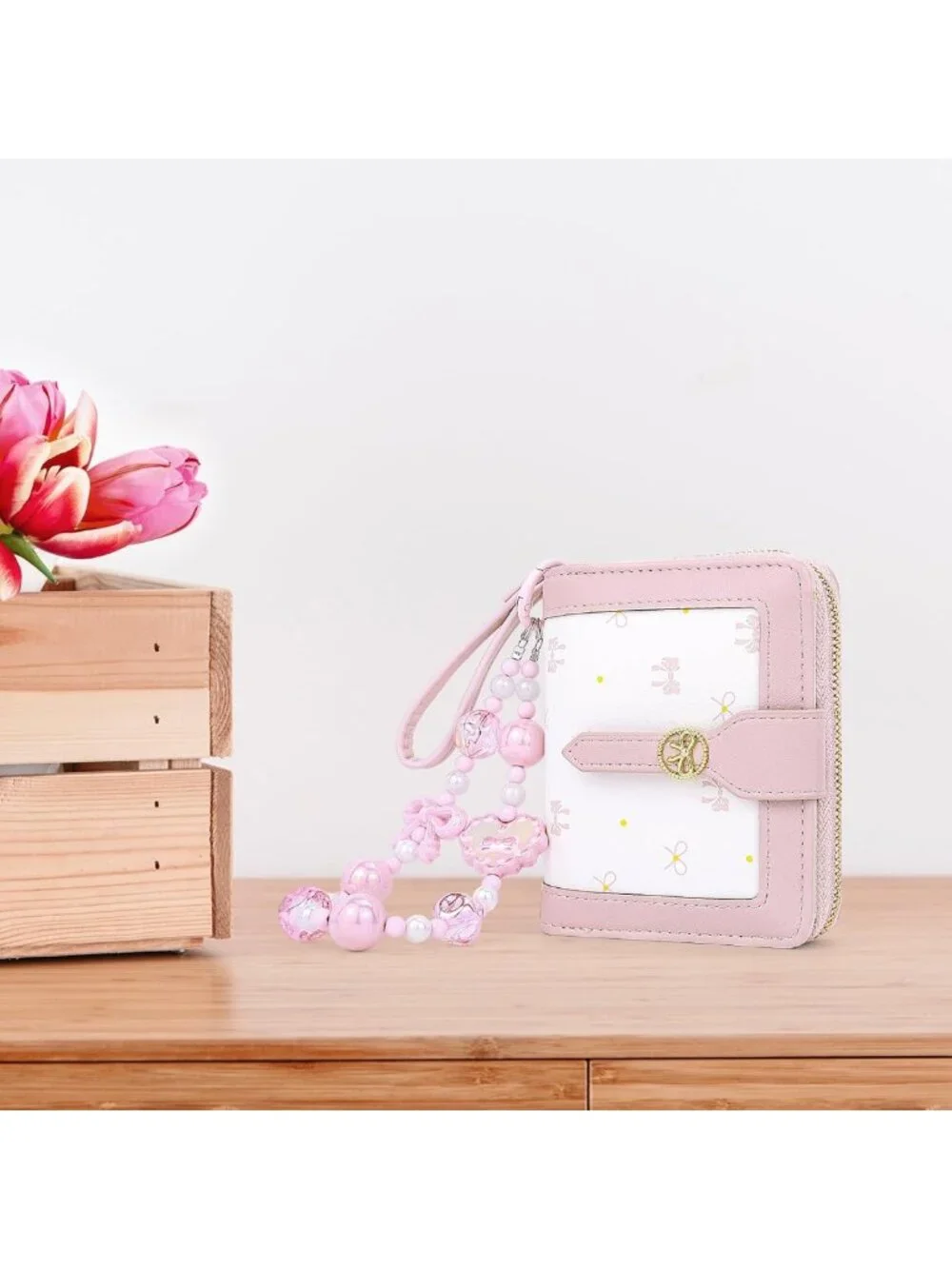 Cute Pink Bifold Wristlet Wallet with Bow & Keychain - Small Coin Pocket Purse